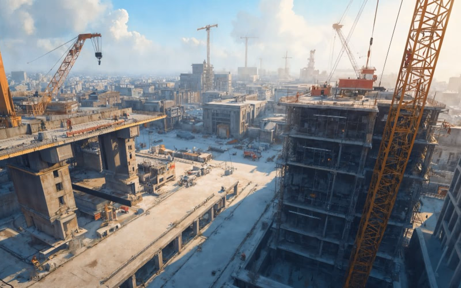 An aerial view of a large construction site with tower cranes and a building under construction.